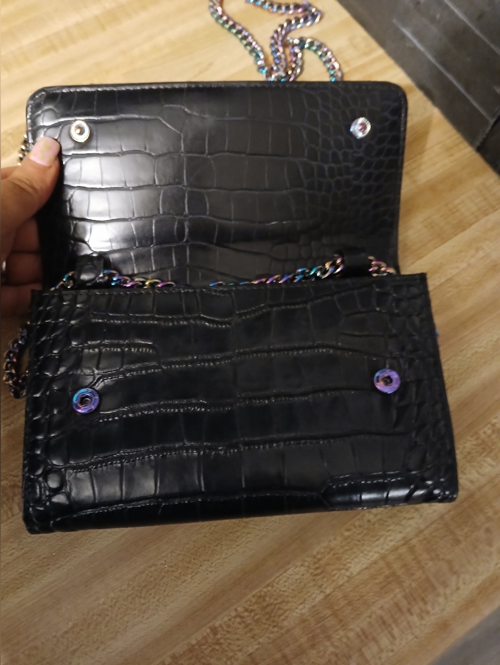 Kurt Geiger Black Croc Embossed Clutch or Crossbody with Multicolor Chain - Picture 8 of 9